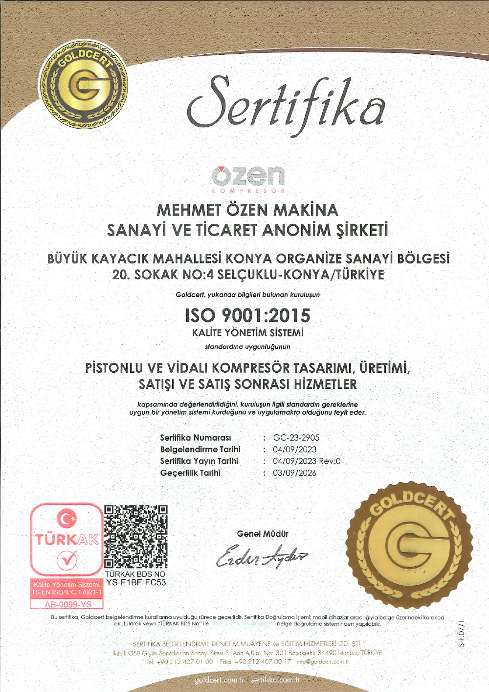 Ozen compressor Quality management systems certificate