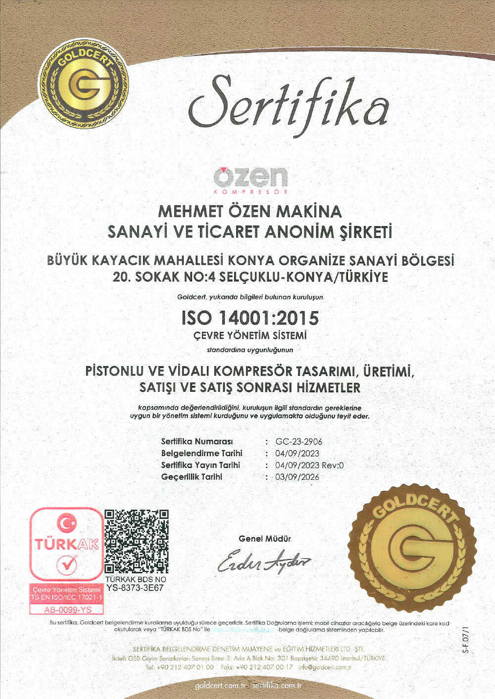 Ozen compressor Environmental management systems certificate